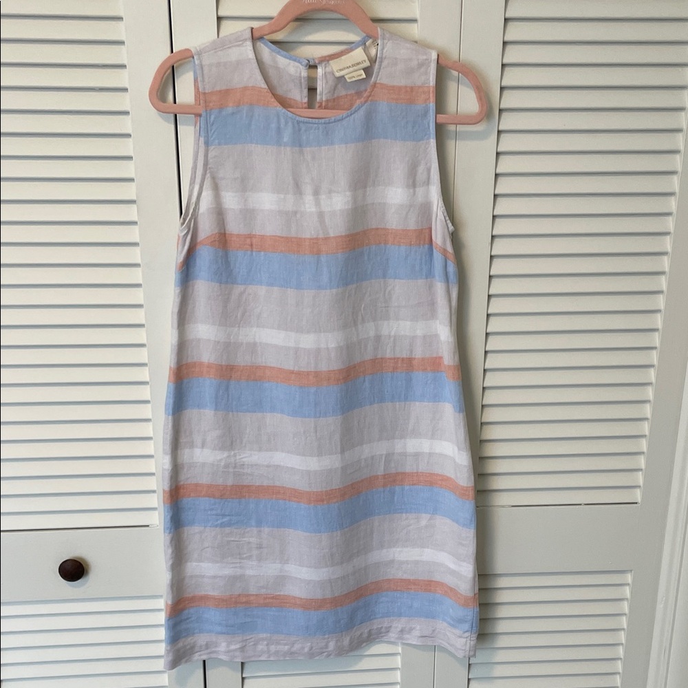 Cynthia Rowley Sleeveless Striped Linen Dress in Pastel Blue and Peach -